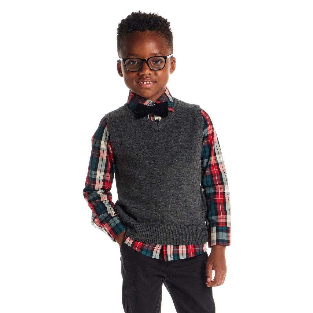 Kids 3-Piece Sweater Vest Set with Bowtie | Red Plaid - Andy & Evan