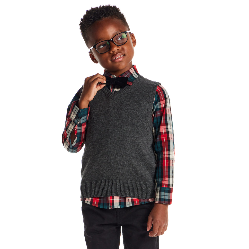Kids 3-Piece Sweater Vest Set with Bowtie | Red Plaid - Andy & Evan
