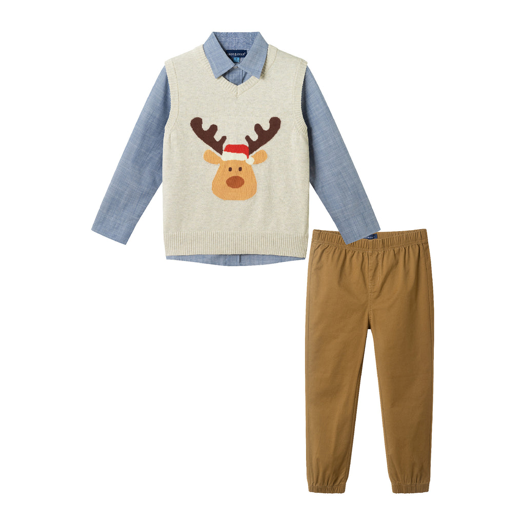 Kids Sweater Vest Set | Beige Reindeer - Andy & Evan
