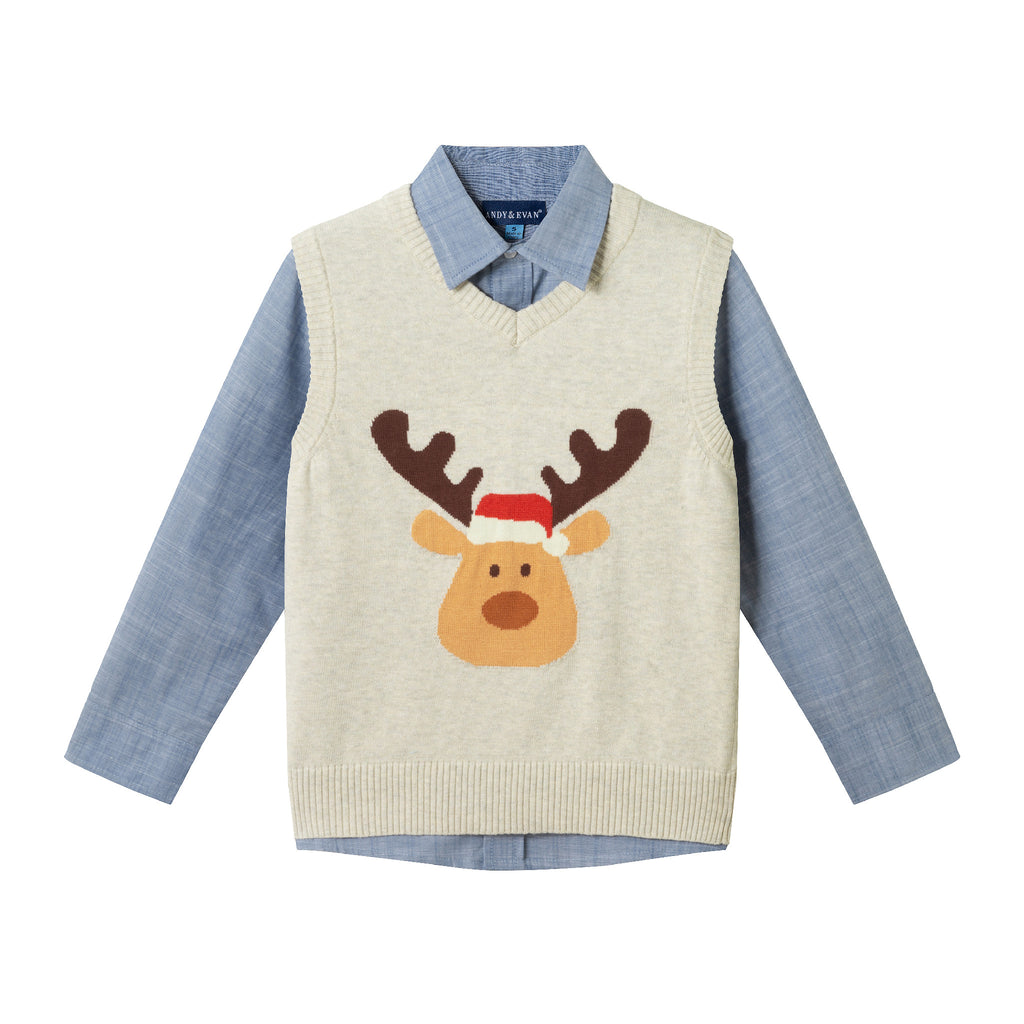 Kids Sweater Vest Set | Beige Reindeer - Andy & Evan