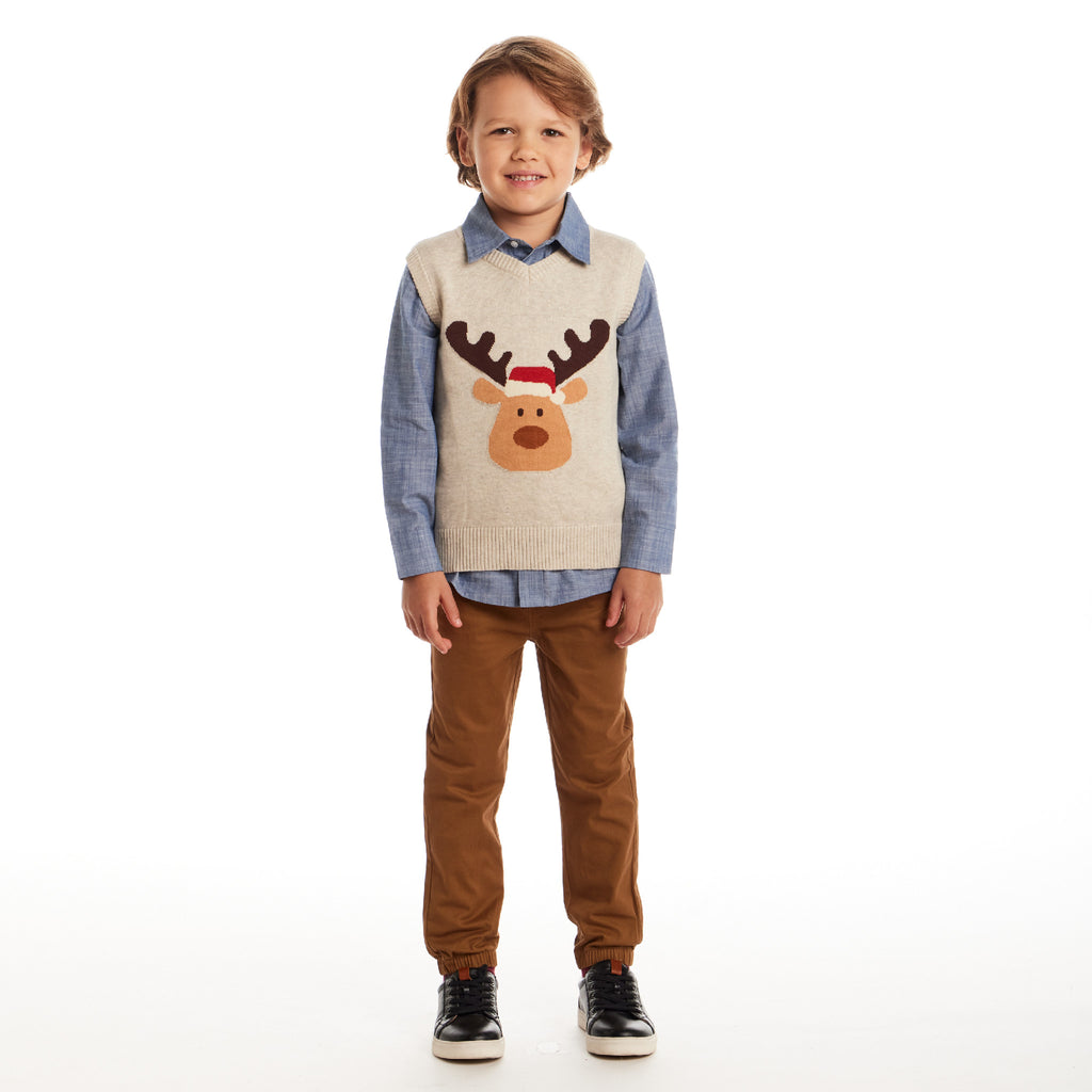 Kids Sweater Vest Set | Beige Reindeer - Andy & Evan