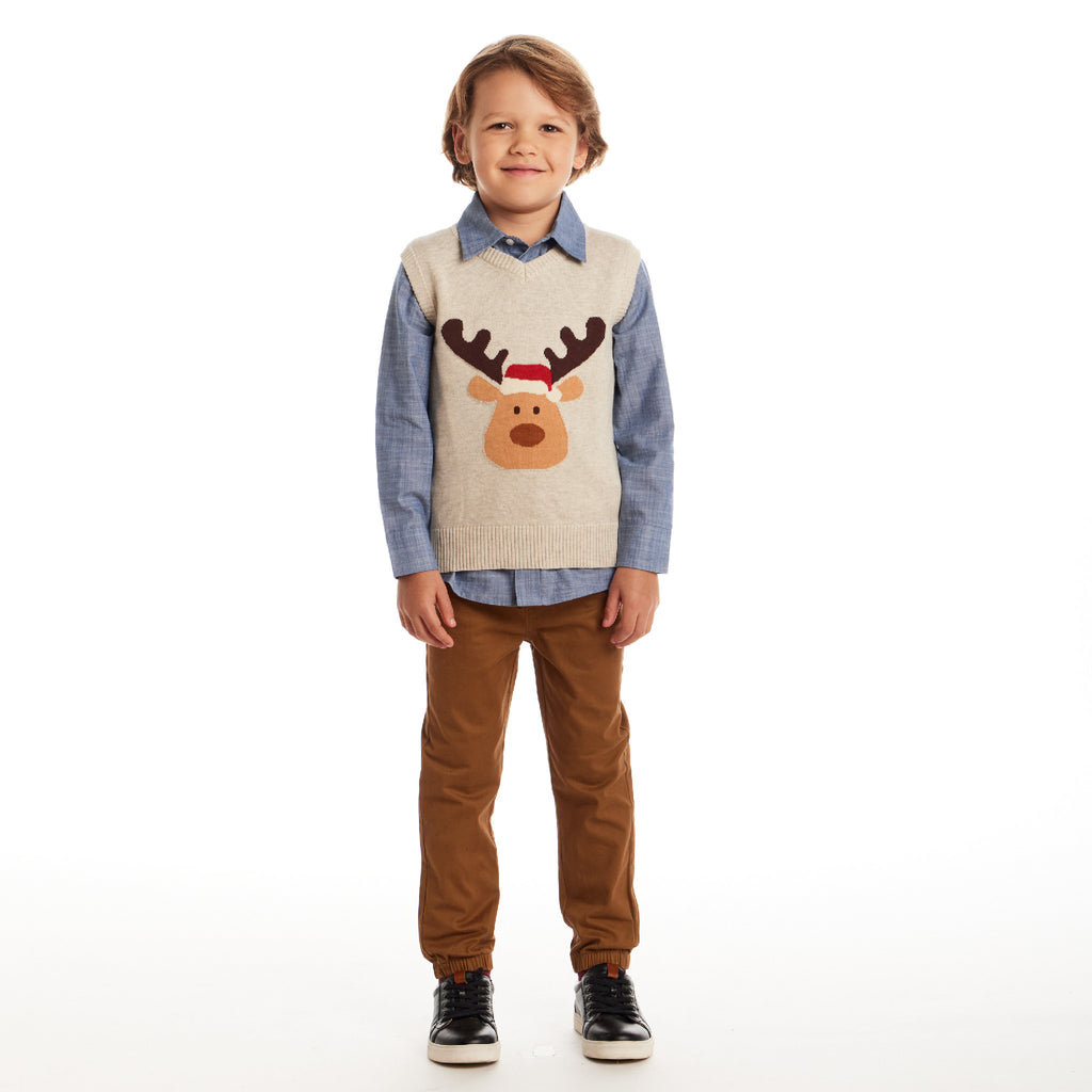 Kids Sweater Vest Set | Beige Reindeer - Andy & Evan