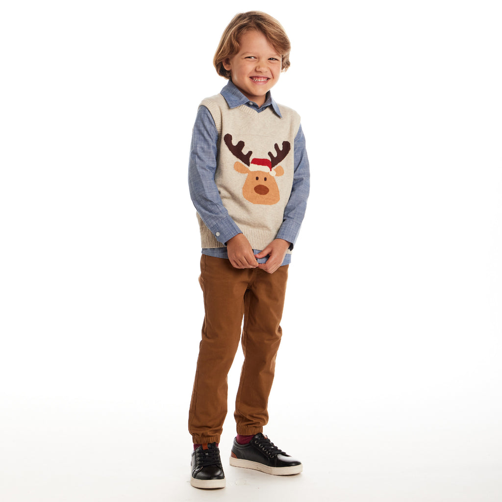 Kids Sweater Vest Set | Beige Reindeer - Andy & Evan