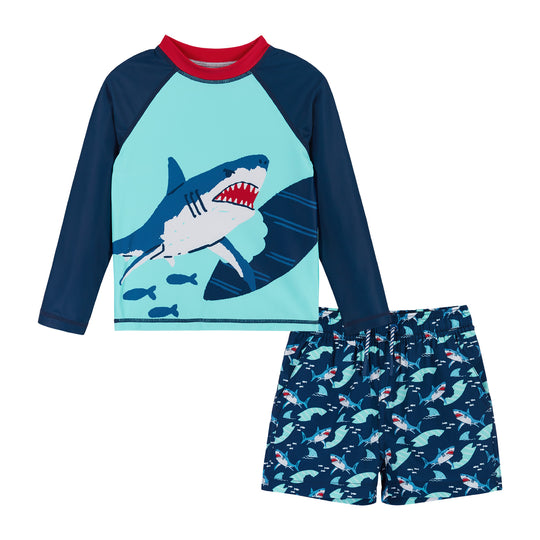 Kids Raglan Rashguard and Boardshort Set | Shark Graphic