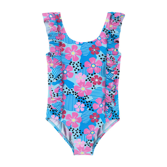 Kids Aqua Floral Print One-Piece Swimsuit