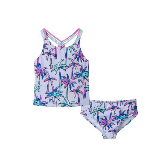 Kids (2-6x) Tankini Swimsuit Set | Purple Palm Trees