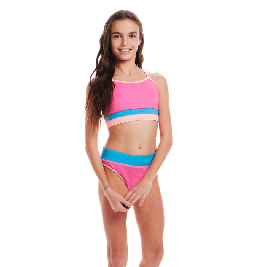 Kids (4-16) Two Piece Swimsuit Set | Pink Color Block – Andy & Evan