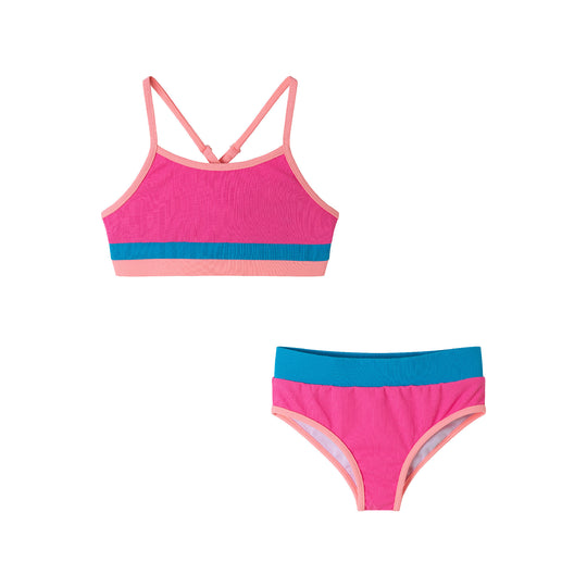 Kids (4-16) Two Piece Swimsuit Set | Pink Color Block