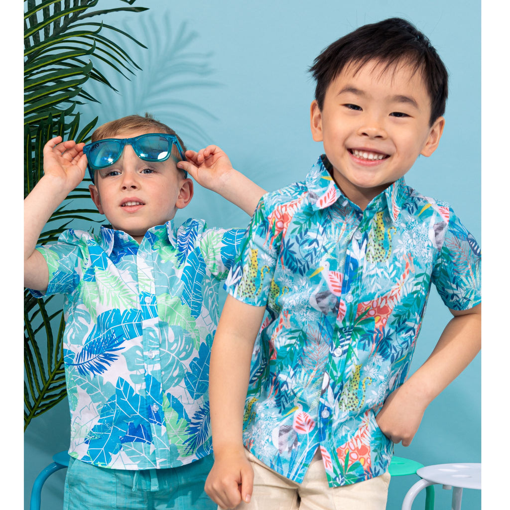 Short Sleeve Palm Leaves Print Button-Up | Blue Green - Andy & Evan