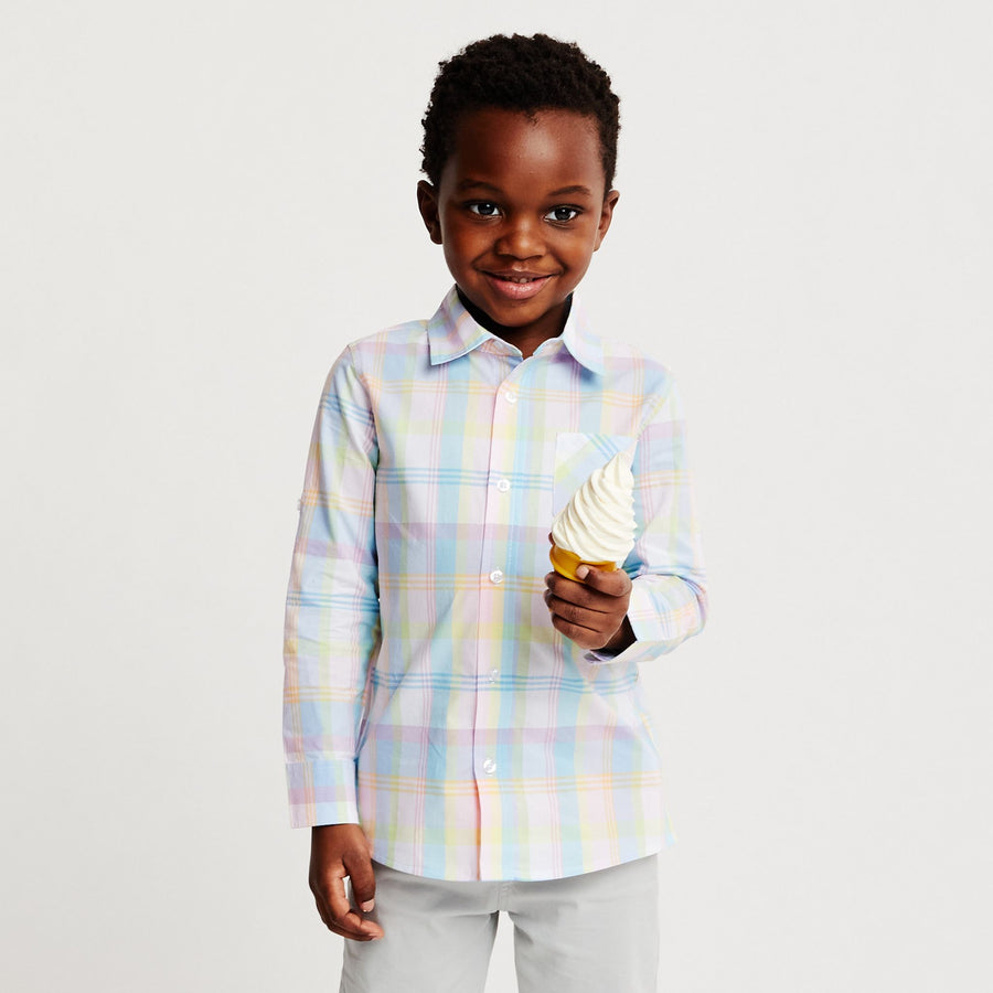 kids dress shirt Custom Wrangler needle seams and a neatly stitched hem Boys - Blue/Striped Linen-Blend Shirt