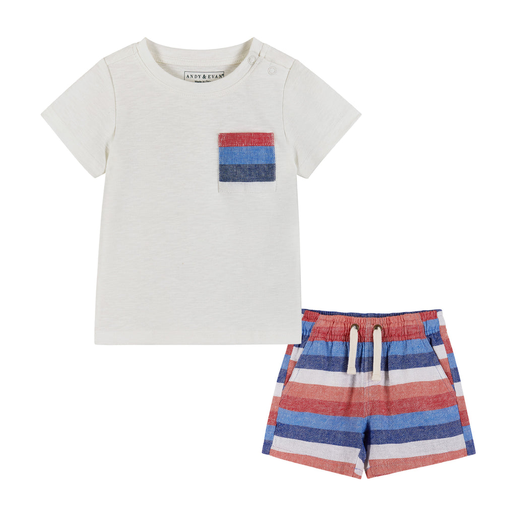 Infant Lt. Heather Grey T-Shirt w/Red/White/Blue Striped Pocket & Matching Drawstring Short Set - Andy & Evan