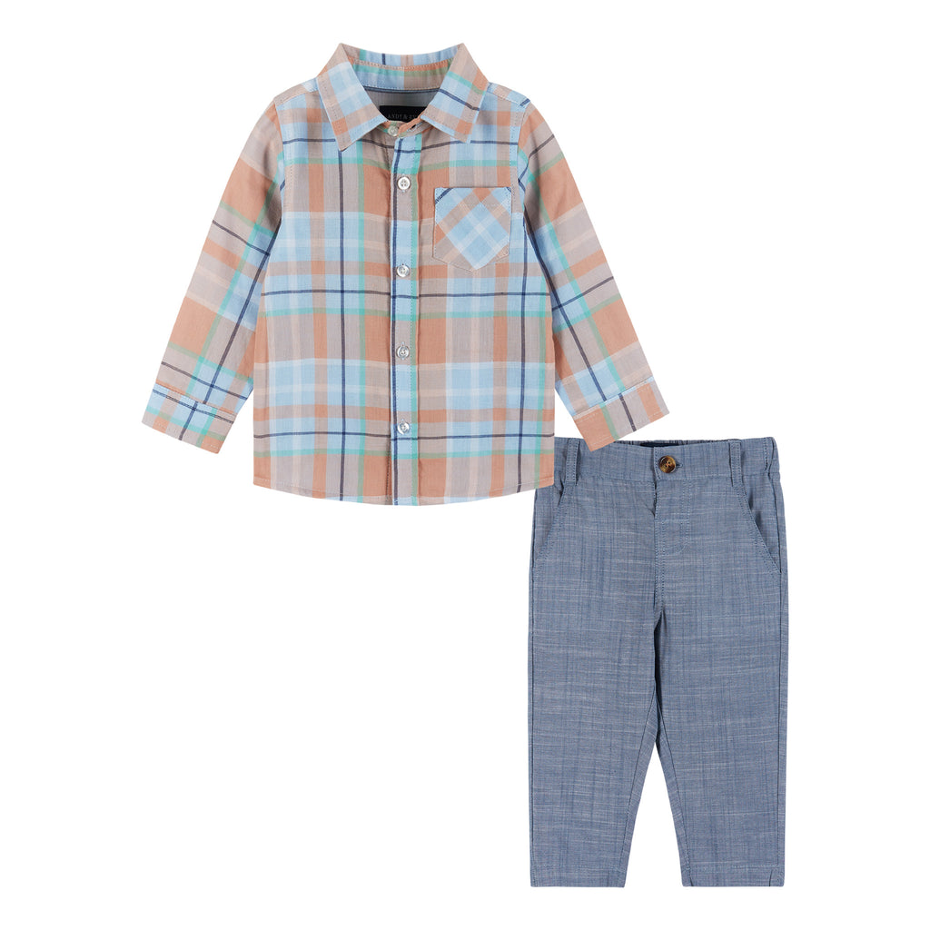 Infant Plaid Buttondown & Pants Set | Orange & Blue - Andy & Evan