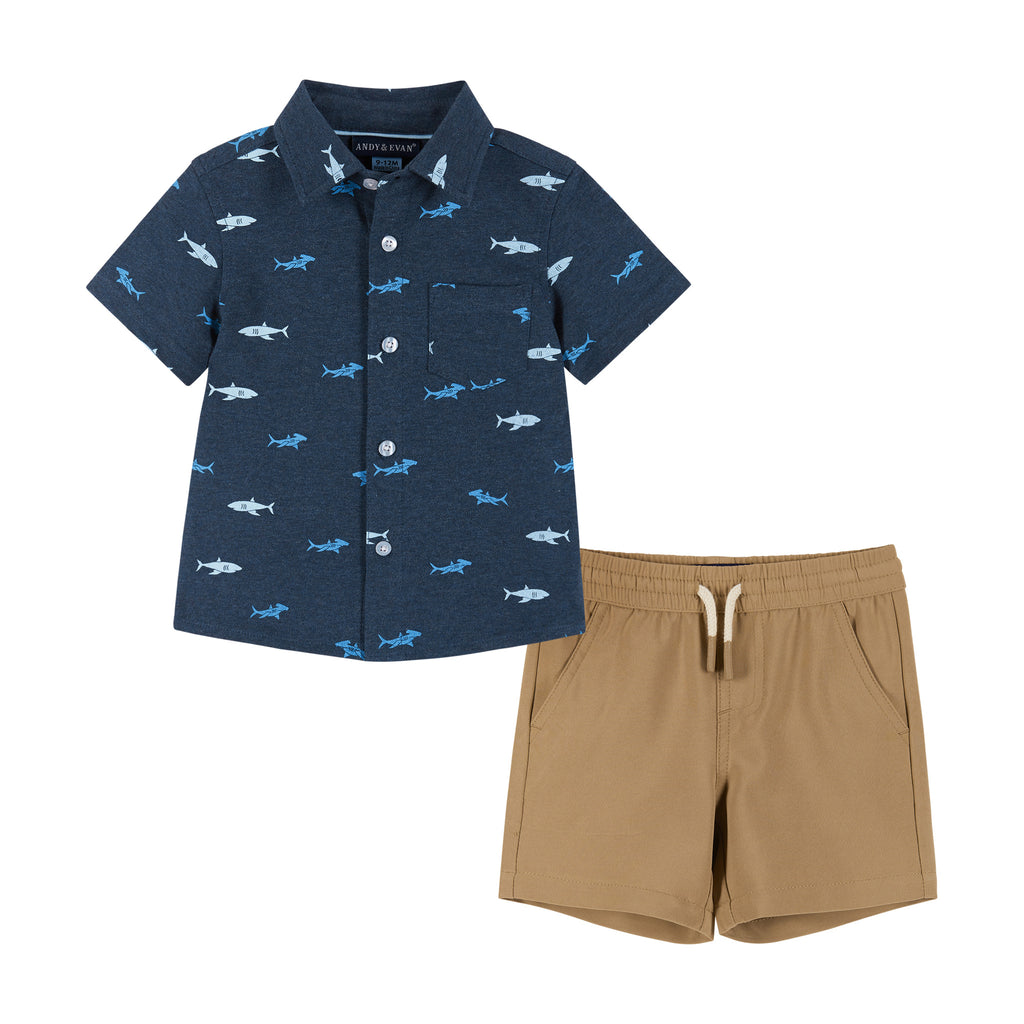 Infant Short Sleeve Knit Buttondown and Shorts Set | Sharks - Andy & Evan