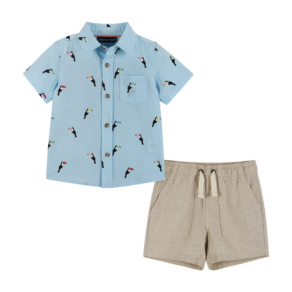 Infant Blue Print Woven Short Sleeve Buttondown Shirt & Beige Short Set - Andy & Evan