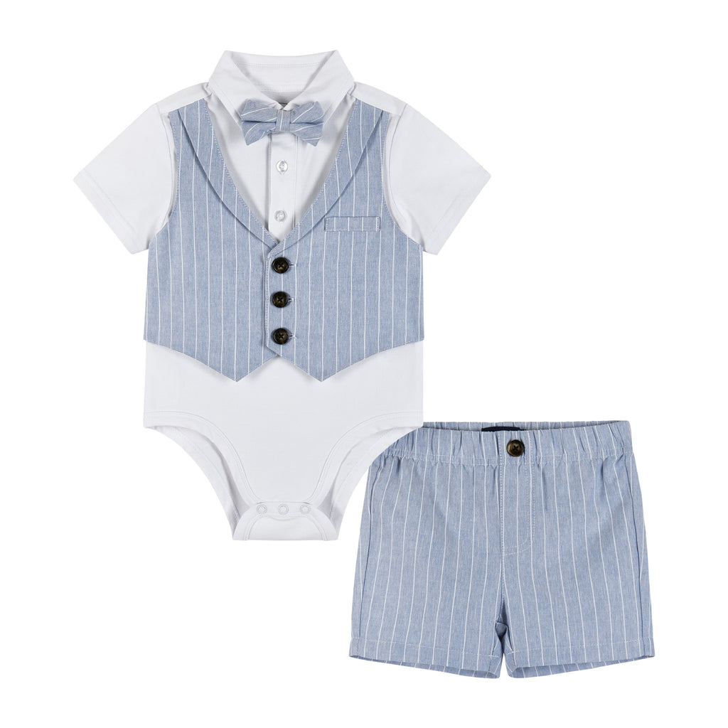 3-Piece Infant Shirtzie & Short Set | Blue Chambray - Andy & Evan