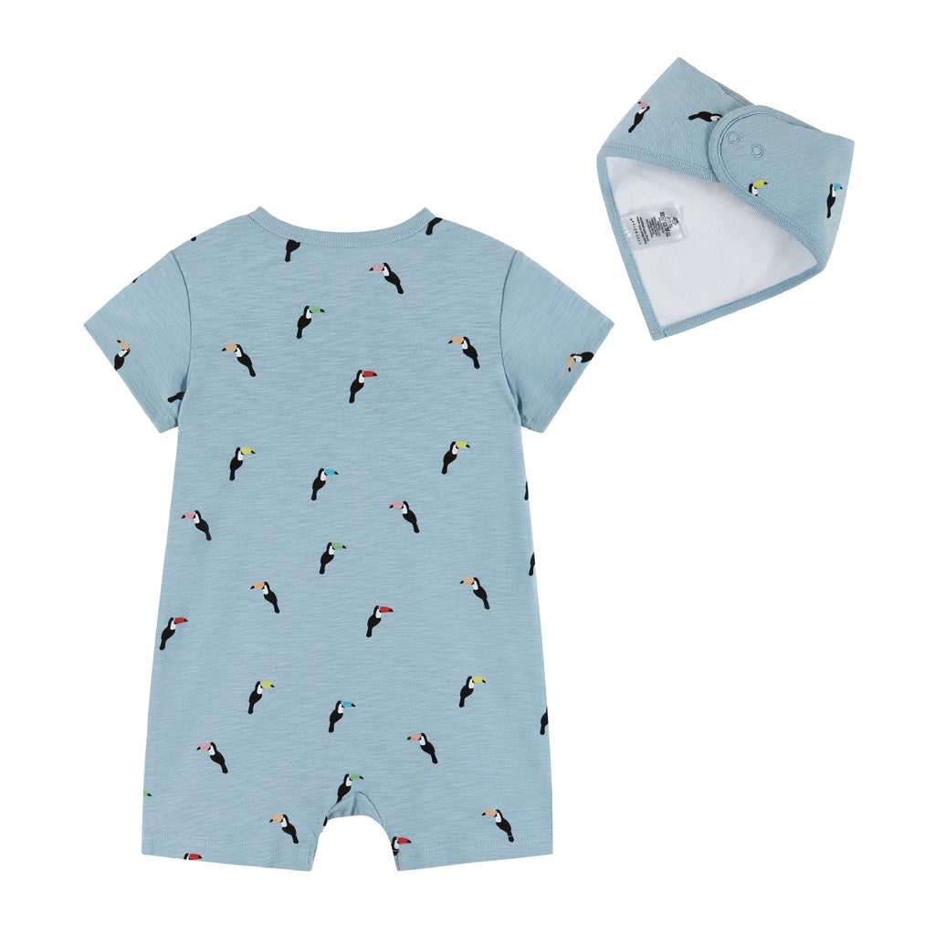 Infant Knit Short Sleeve Romper with Bib | Blue Toucan Print - Andy & Evan