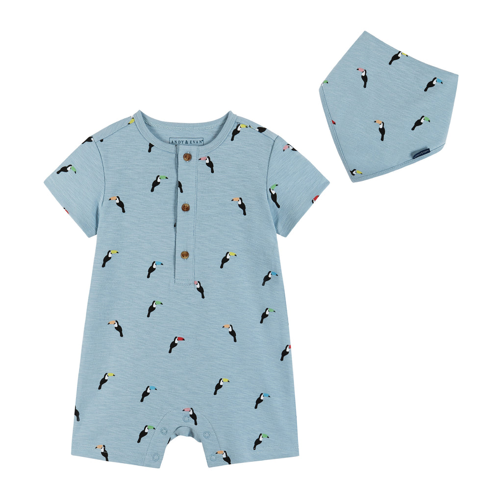 Infant Knit Short Sleeve Romper with Bib | Blue Toucan Print - Andy & Evan