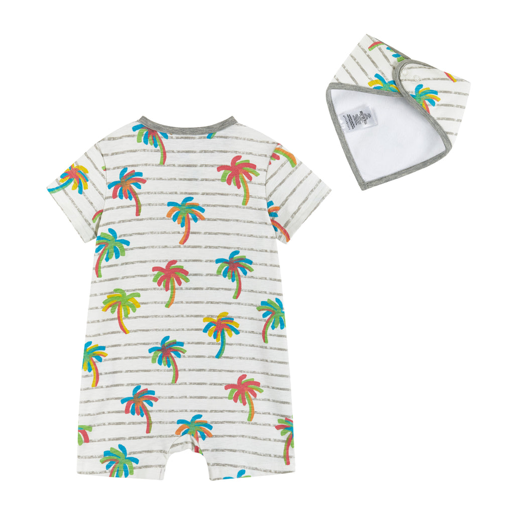 Infant White Palm Print Knit Short Sleeve Romper w/Bib - Andy & Evan