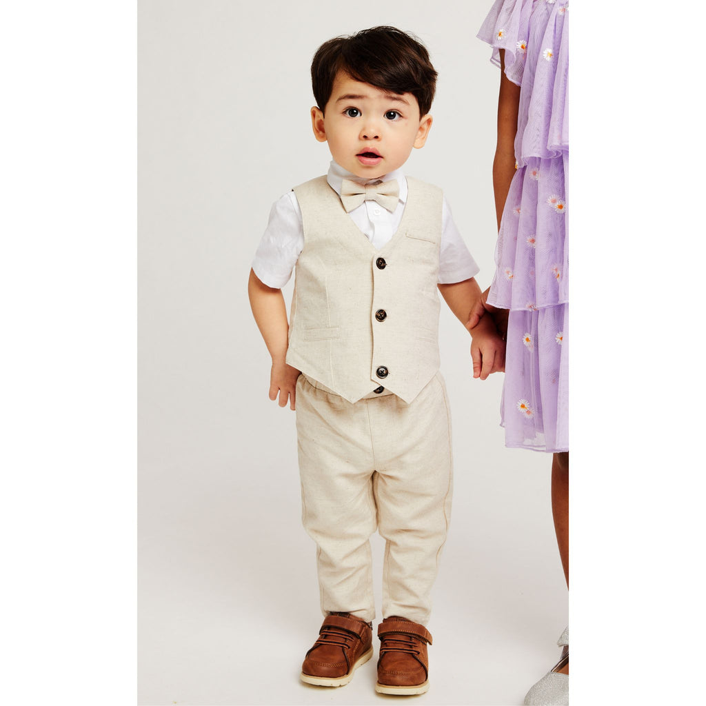 Infant Four Piece Buttondown and Vest Set | Stone