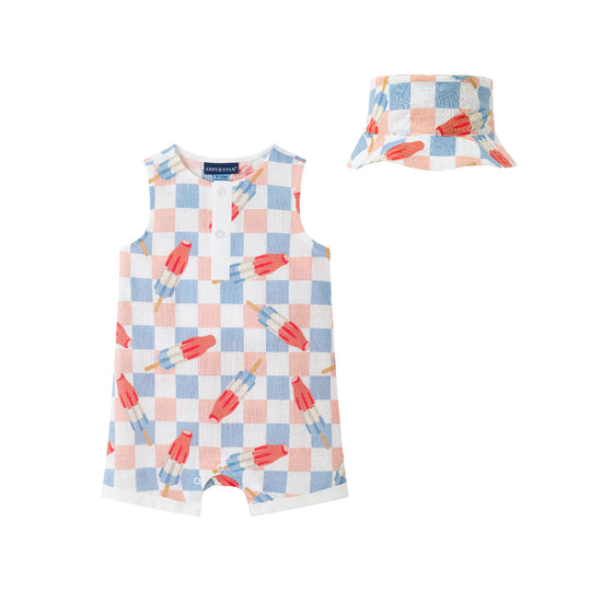 Infant (0-24M) Woven Romper & Hat | Popsicle Pattern