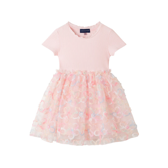Kids (2-6x) Rib Knit Dress with 3D Floral Tulle Skirt | Light Pink