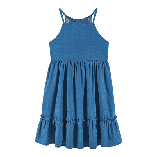 Kids (7-14) Blue Swiss Dot Dress w/ Lace Back Detail | Blue
