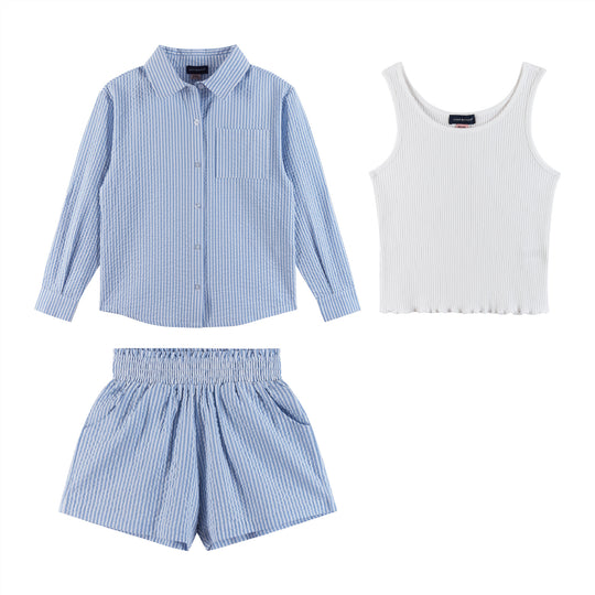 Kids (7-16) Striped Woven Buttondown & Short Set | Seaside Breeze