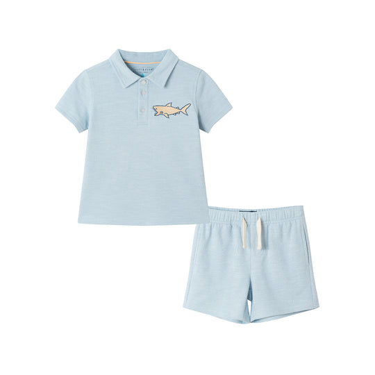 Kids (2-7) Textured Polo and Shorts Set | Light Blue Shark