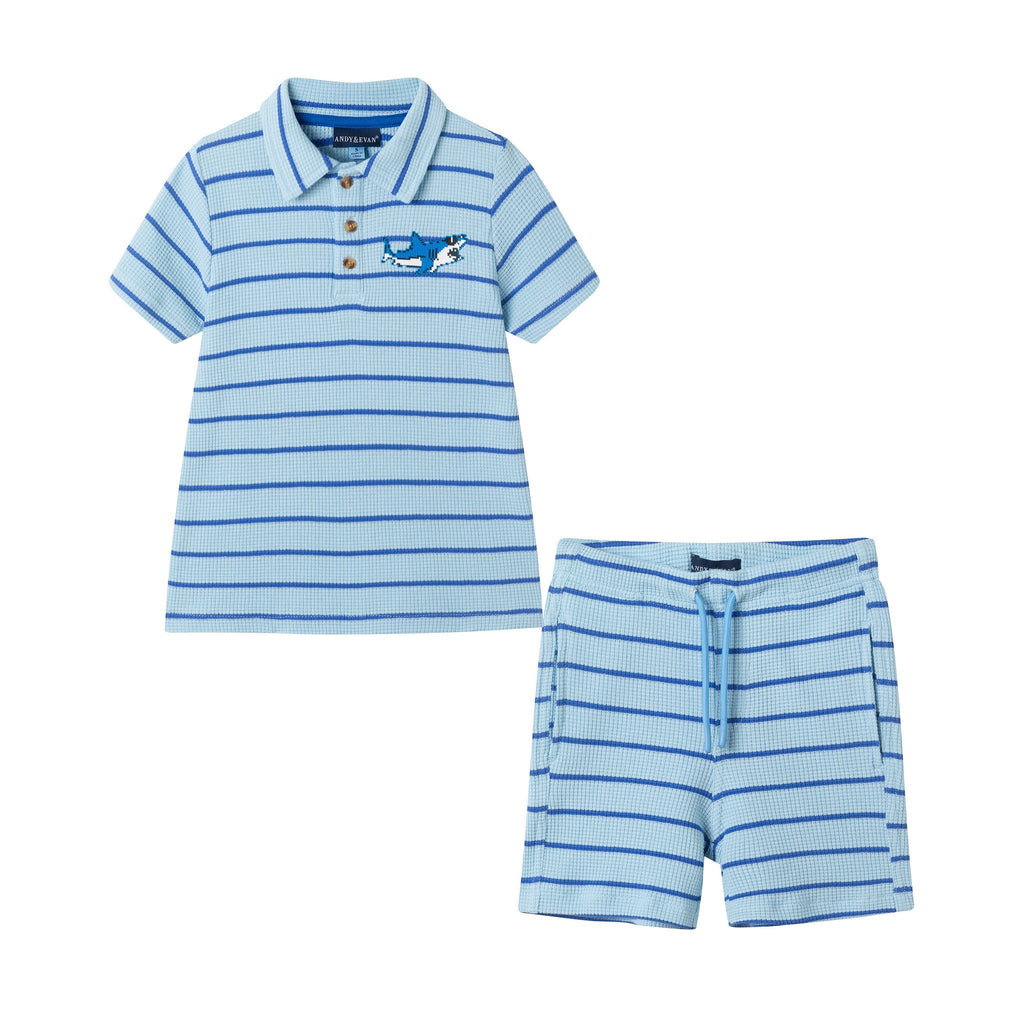 Toddler Boys (2-7) Striped Waffle Polo Set - Shark Applique | Andy