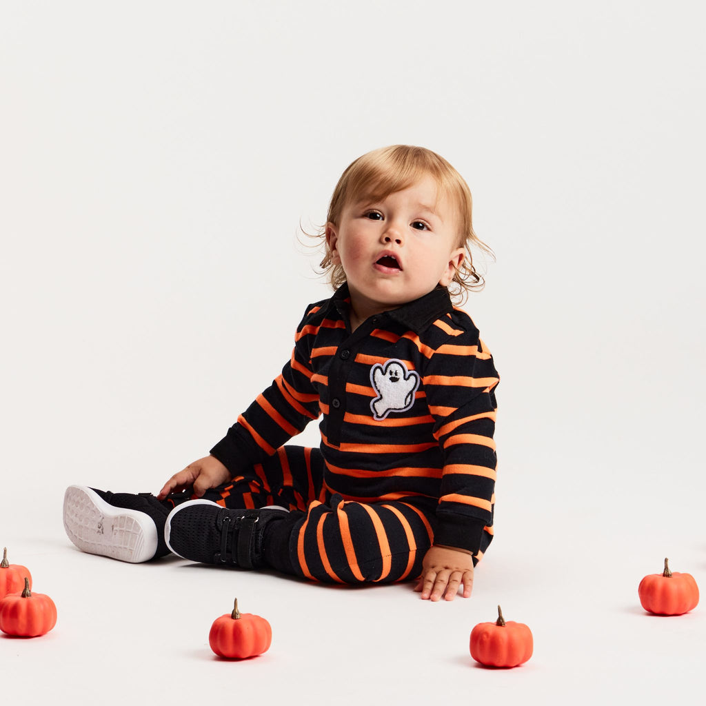 Infant Rugby Stripe Halloween Romper W/Ghost Patch | Black Ora Strp - Andy & Evan