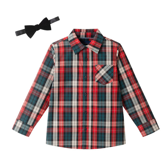 Kids Plaid Buttondown & Bowtie Set | Red Holiday