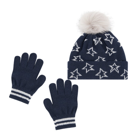 Navy and Cream Kids Knit Hat and Mittens Set Jacquard Knit Beanie with Ears + Snood + Mittens Set for  main image 2