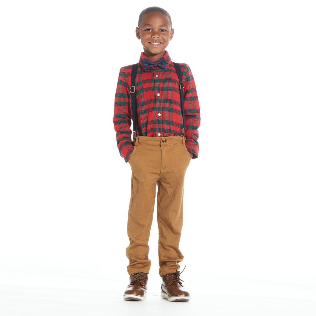 4-Piece Red Holiday Plaid Button Down Shirt & Pant Set - Andy & Evan