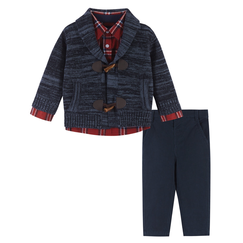 Infant 3-Piece Marled Navy Toggle Cardigan Sweater Set - Andy & Evan