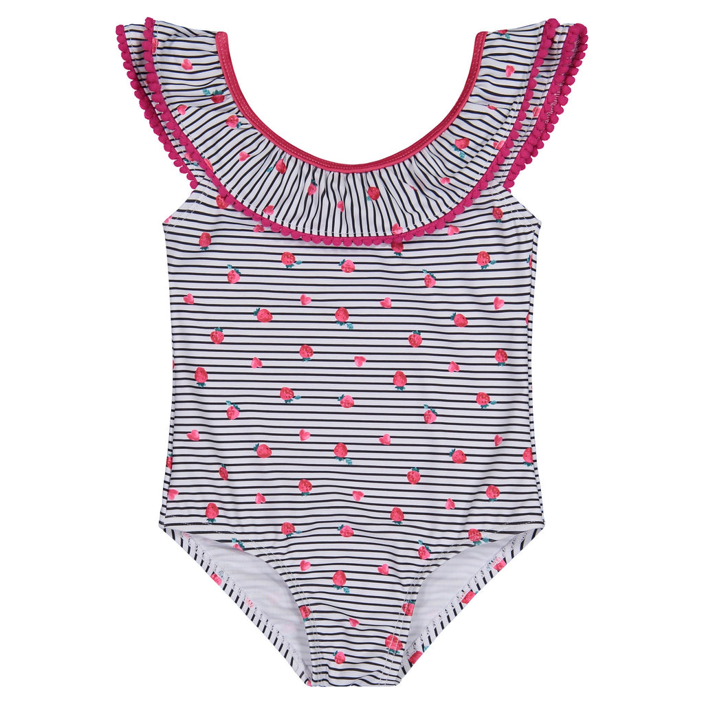 UPF 50+ Striped Strawberry Print Swim Suit | White - Andy & Evan