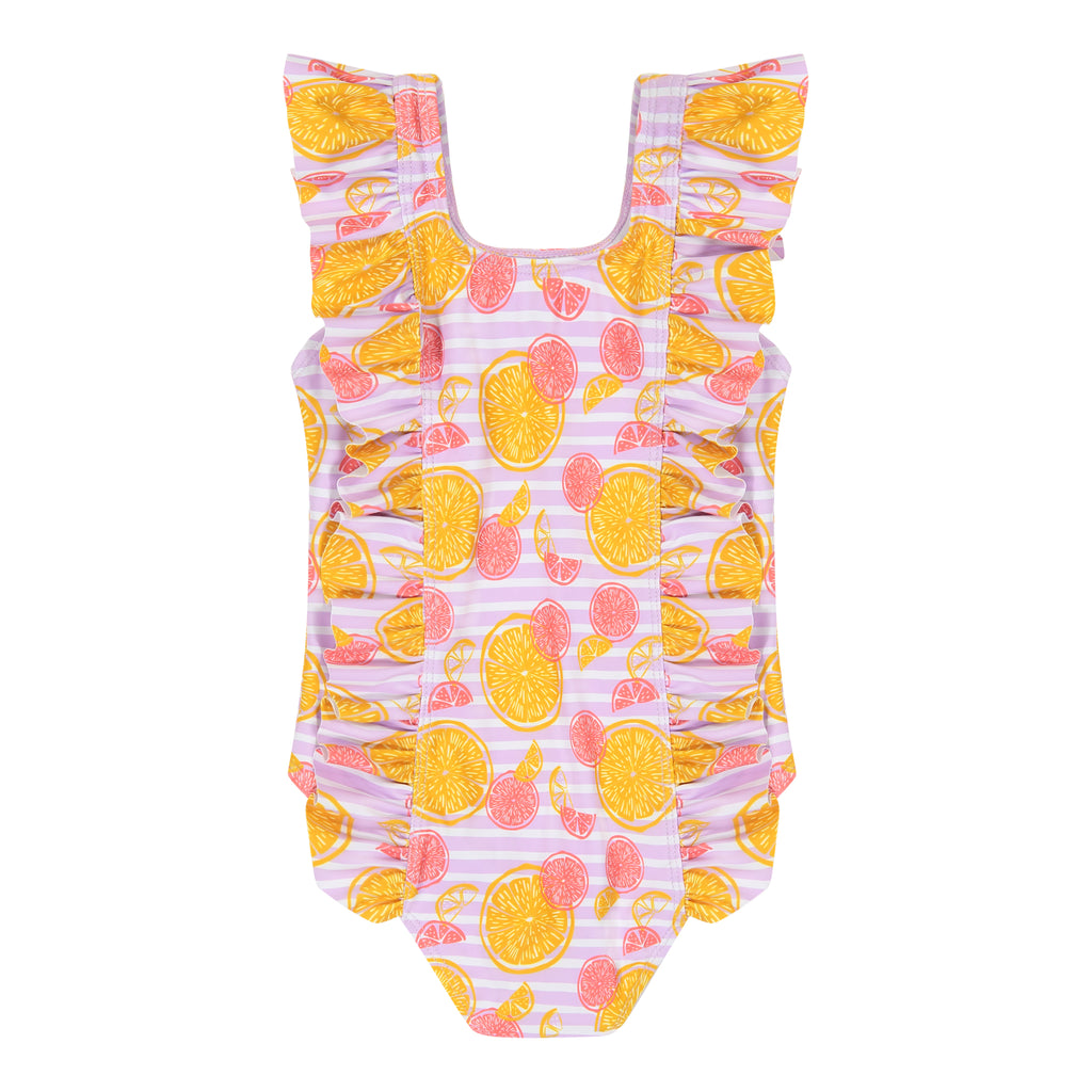 Girls Pink Grapefruit Ruffle Swimsuit - Andy & Evan