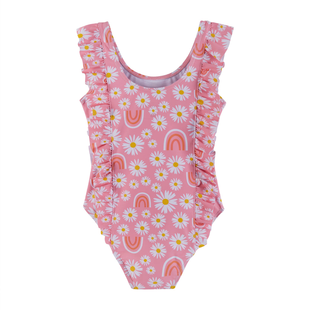UPF 50+ Daisy & Rainbow Print Ruffle One-Piece Swim Suit | Pink - Andy & Evan