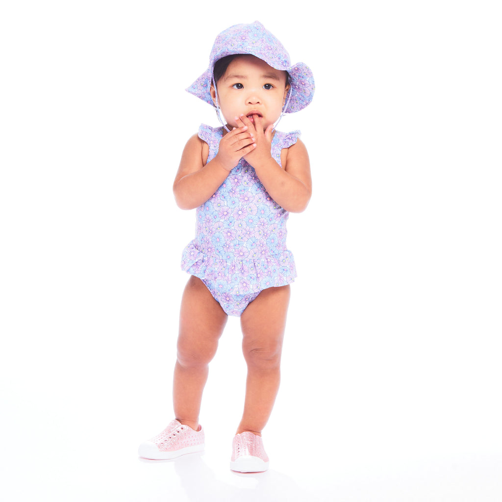 Infant UPF 50+ Baby Daisy Print One-piece Swimsuit & Hat Set | Purple - Andy & Evan