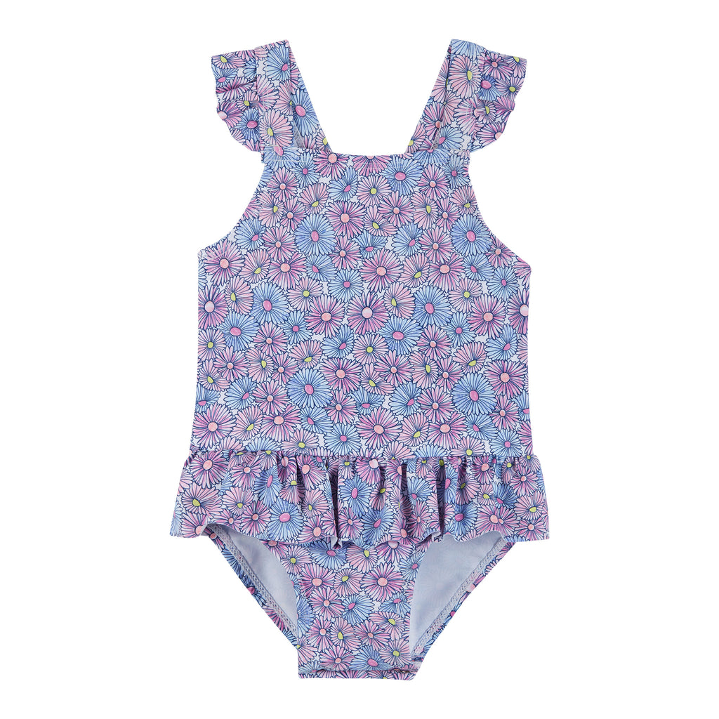 Infant UPF 50+ Baby Daisy Print One-piece Swimsuit & Hat Set | Purple - Andy & Evan