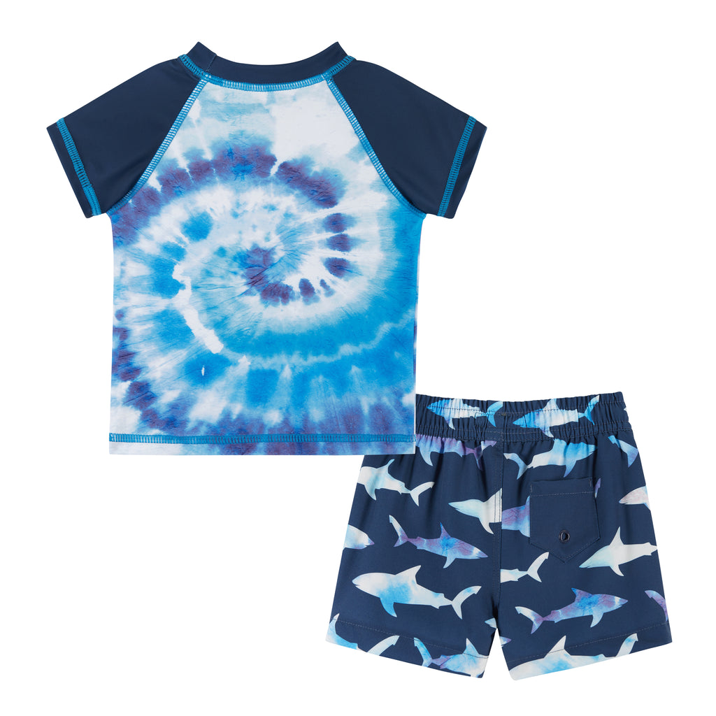 UPF 50+ Infant Boys Short Sleeve Tie Dye Shark Rashguard Swim Set - Andy & Evan