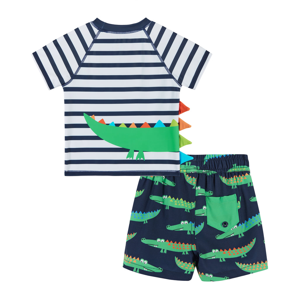 Striped Crocodile Rashguard & Swim Trunk Set | Navy & Green - Andy & Evan