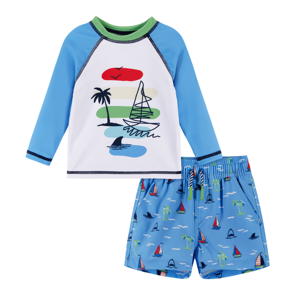 Infant UPF 50+ Sailboat & Shark Print Rashguard Swim Set | Blue - Andy & Evan