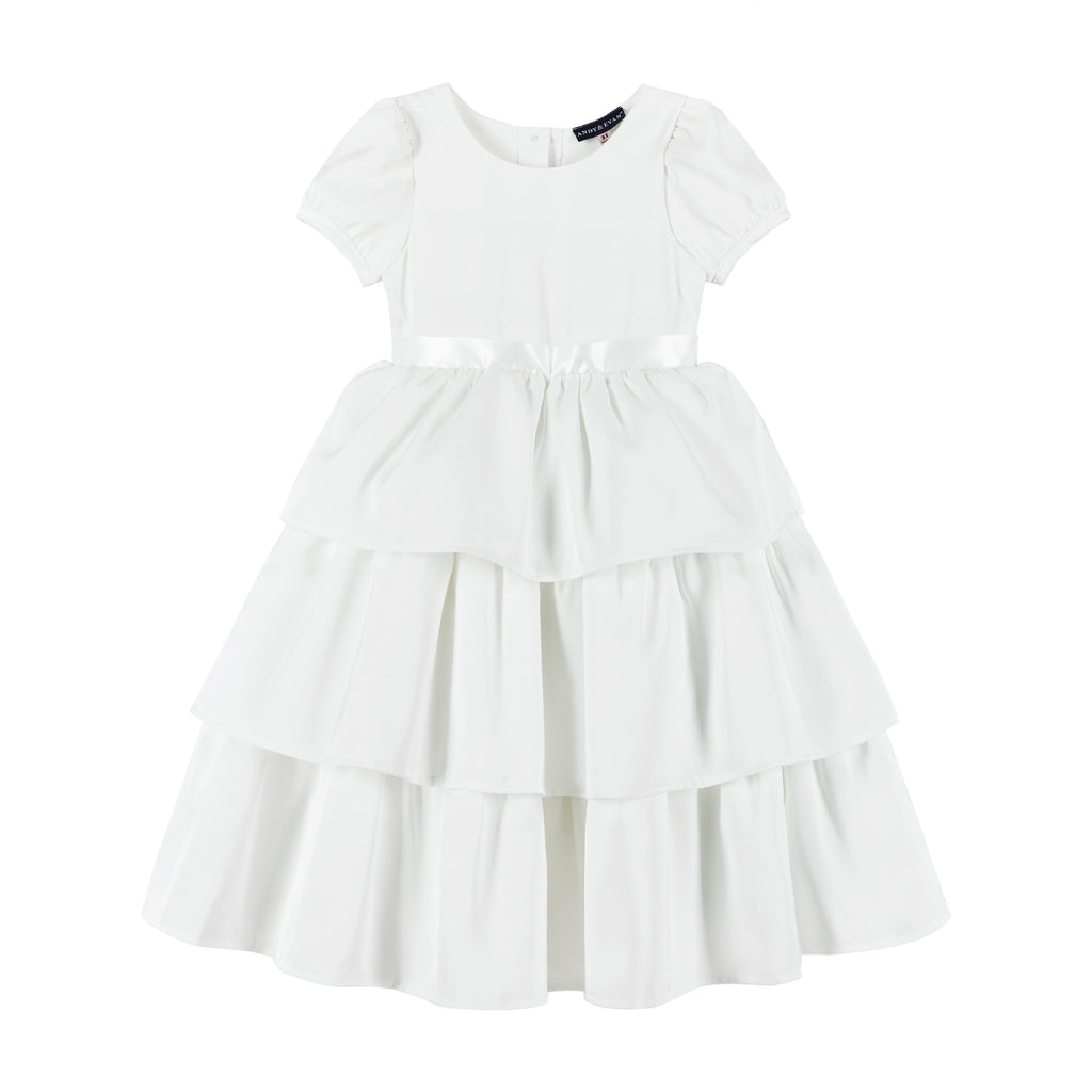 Puff Sleeve Satin Tiered Dress | White - Andy & Evan