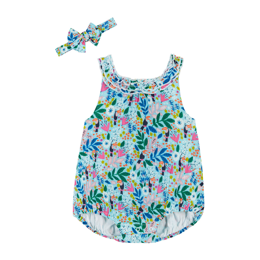 Infant Floral Print Baby Bubble | Aqua & Gray - Andy & Evan