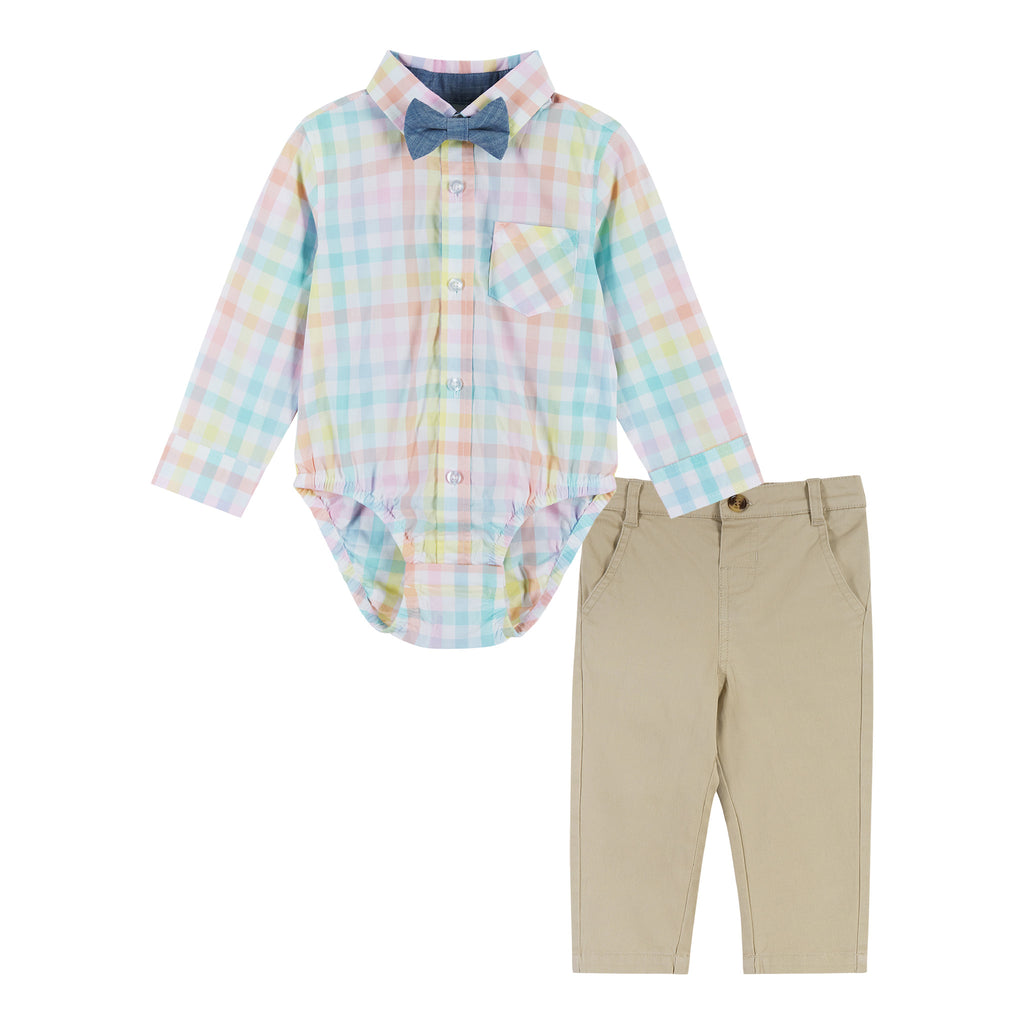 Baby Boy Plaid Shirt & Khaki Pants Set | Yellow/Pink/Blue - Andy & Evan