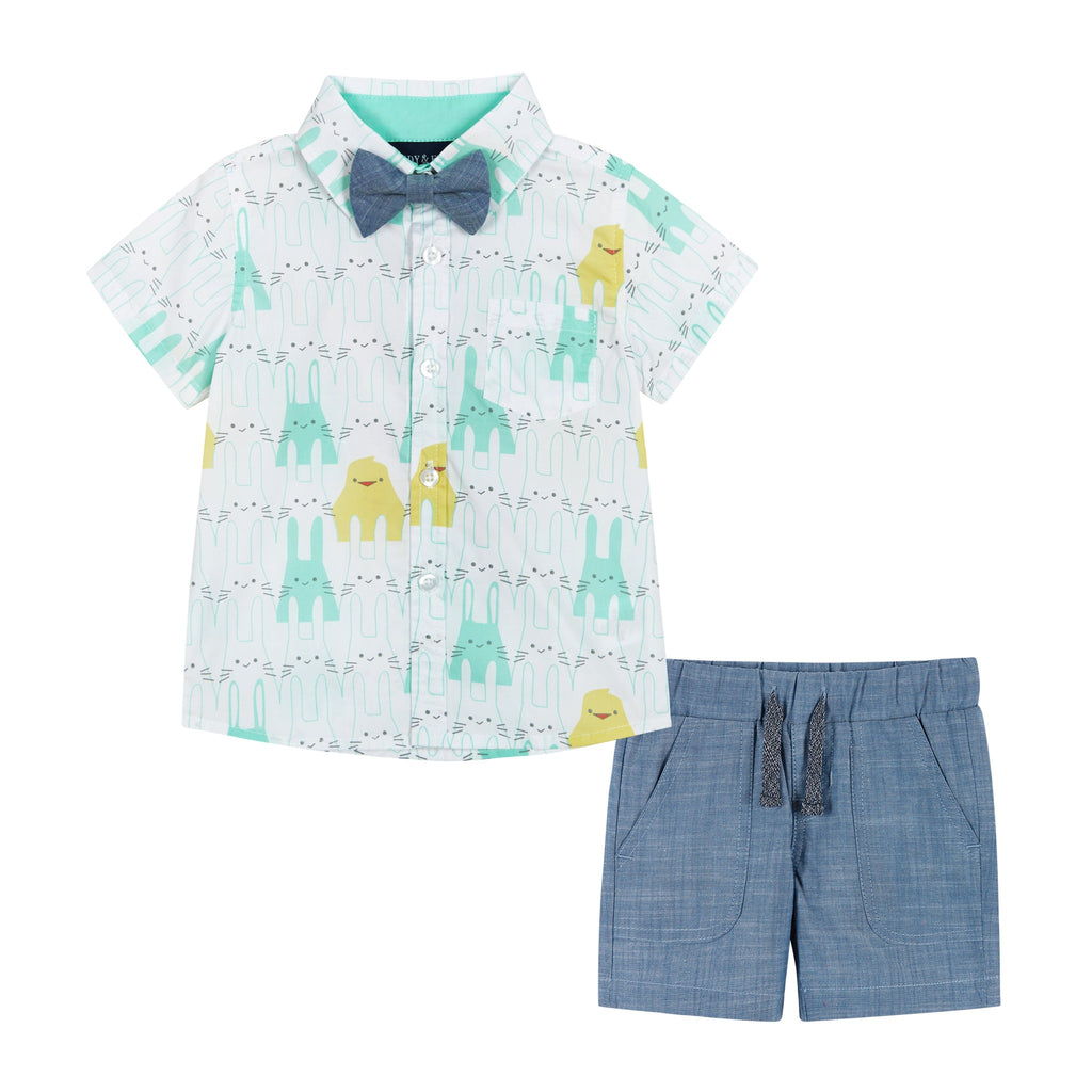 Baby Easter Animals Print Button-Up & Short Set | Blue - Andy & Evan