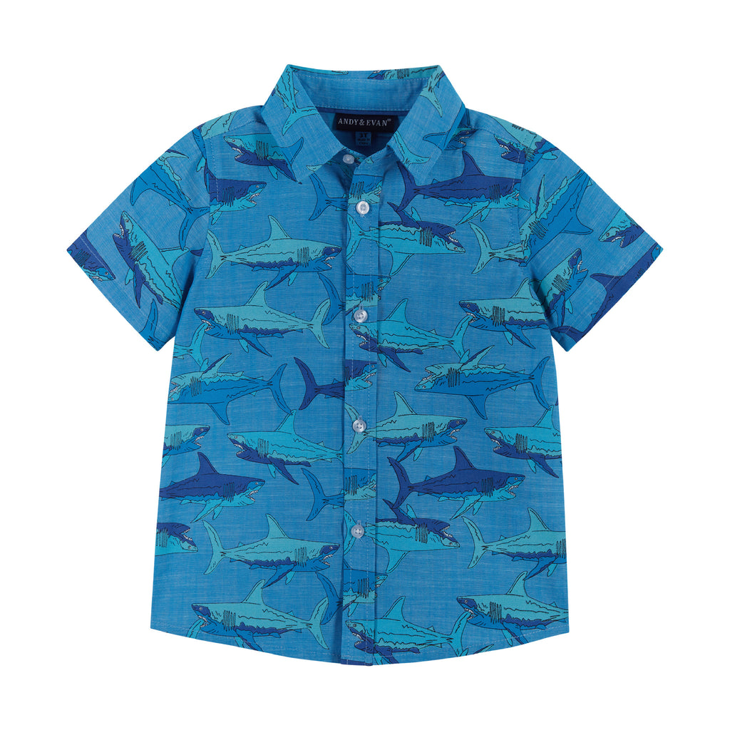 Shark Print Button-Up & Short Set | Blue - Andy & Evan