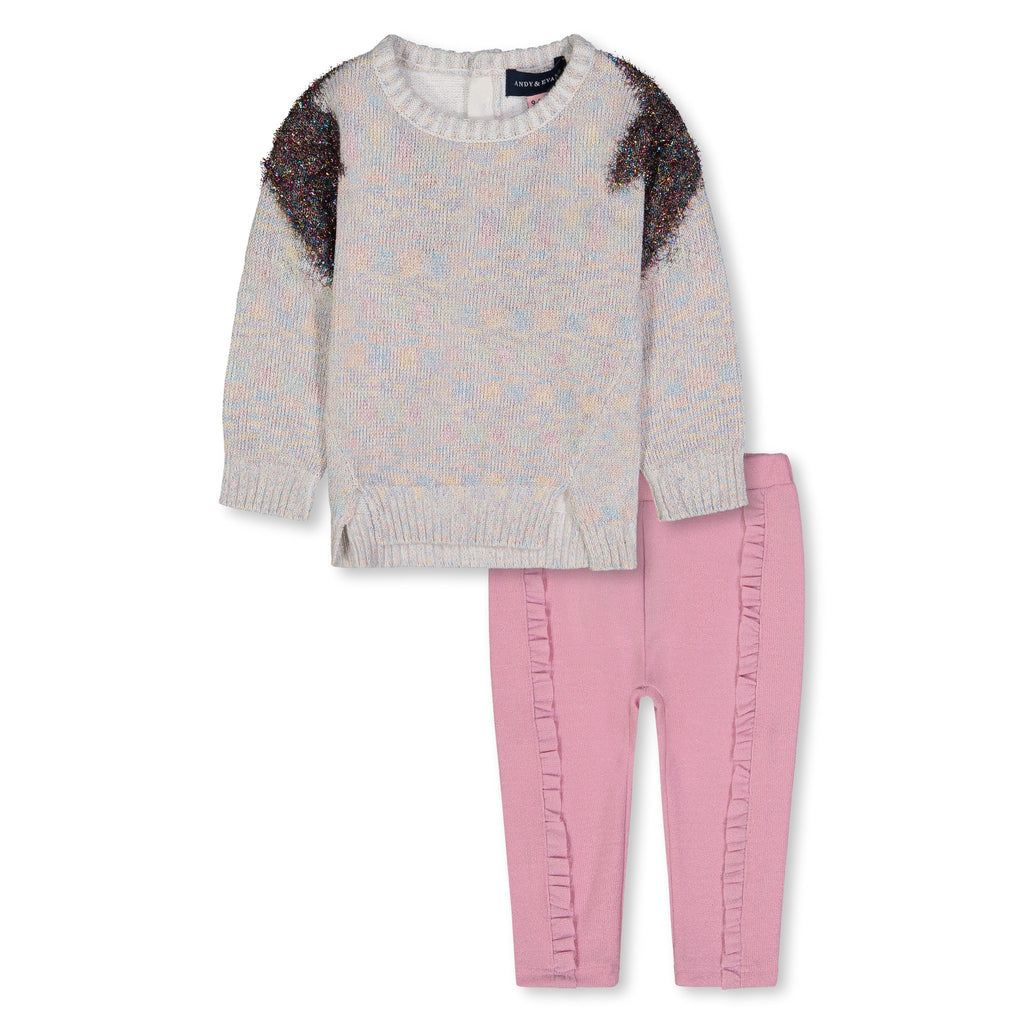 Baby Girls Shoulder Star Sweater With Pink Ruffled Pants Two Piece Set - Andy & Evan